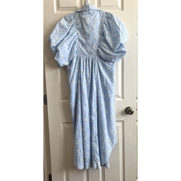 ANNIE WEAR Pale Blue Floral Smocked Puff Sleeve Button Shirt Midi Dress Sz L NWT - Picture 10 of 16
